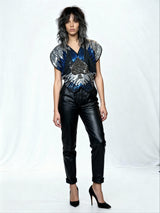 Original 1970's Vintage Black / Silver / Blue Sequinned Top UK 8 - 12