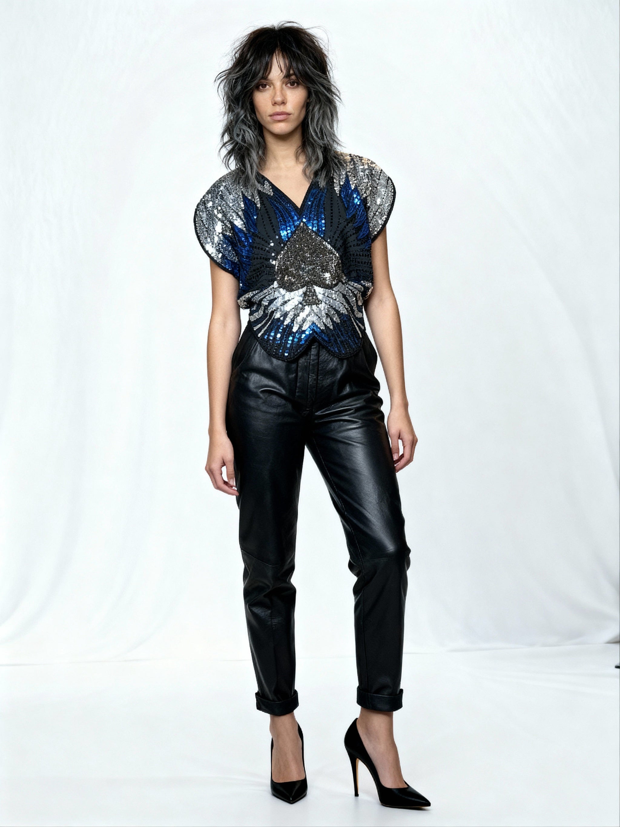 Original 1970's Vintage Black / Silver / Blue Sequinned Top UK 8 - 12