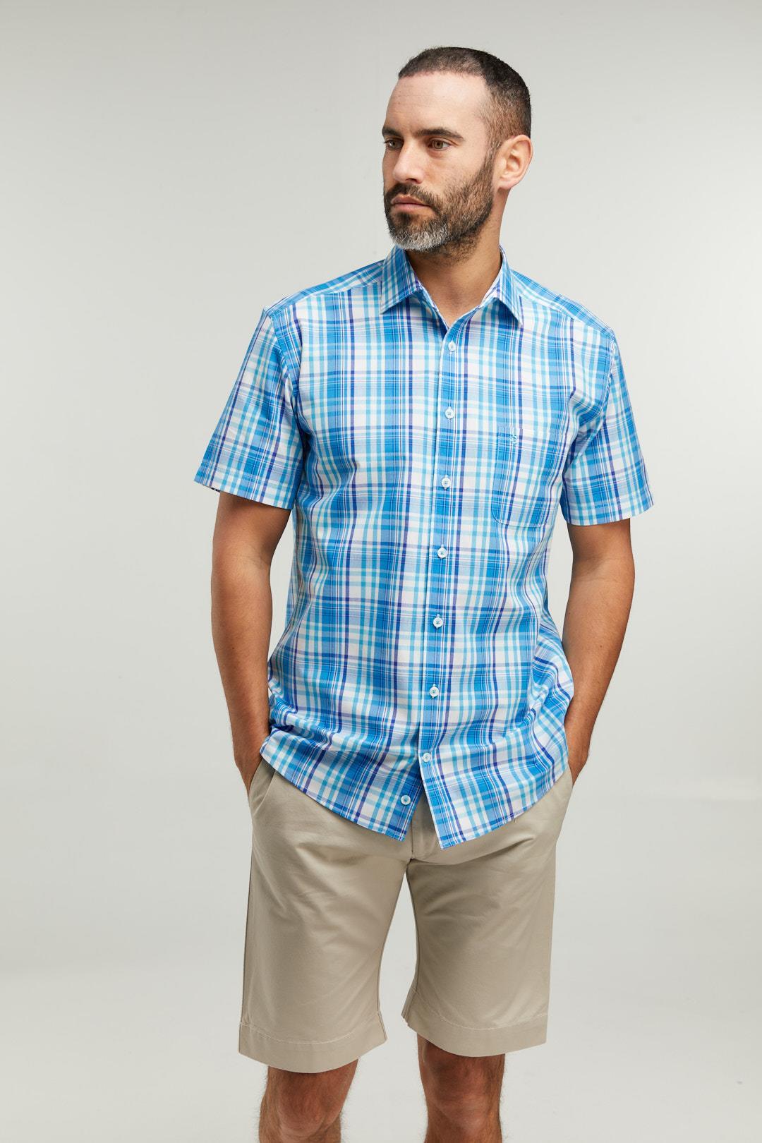 Double Two Life Style Men's Pure Cotton Short Sleeve Blue Window Check Shirt (1037A) 2XL-5XL