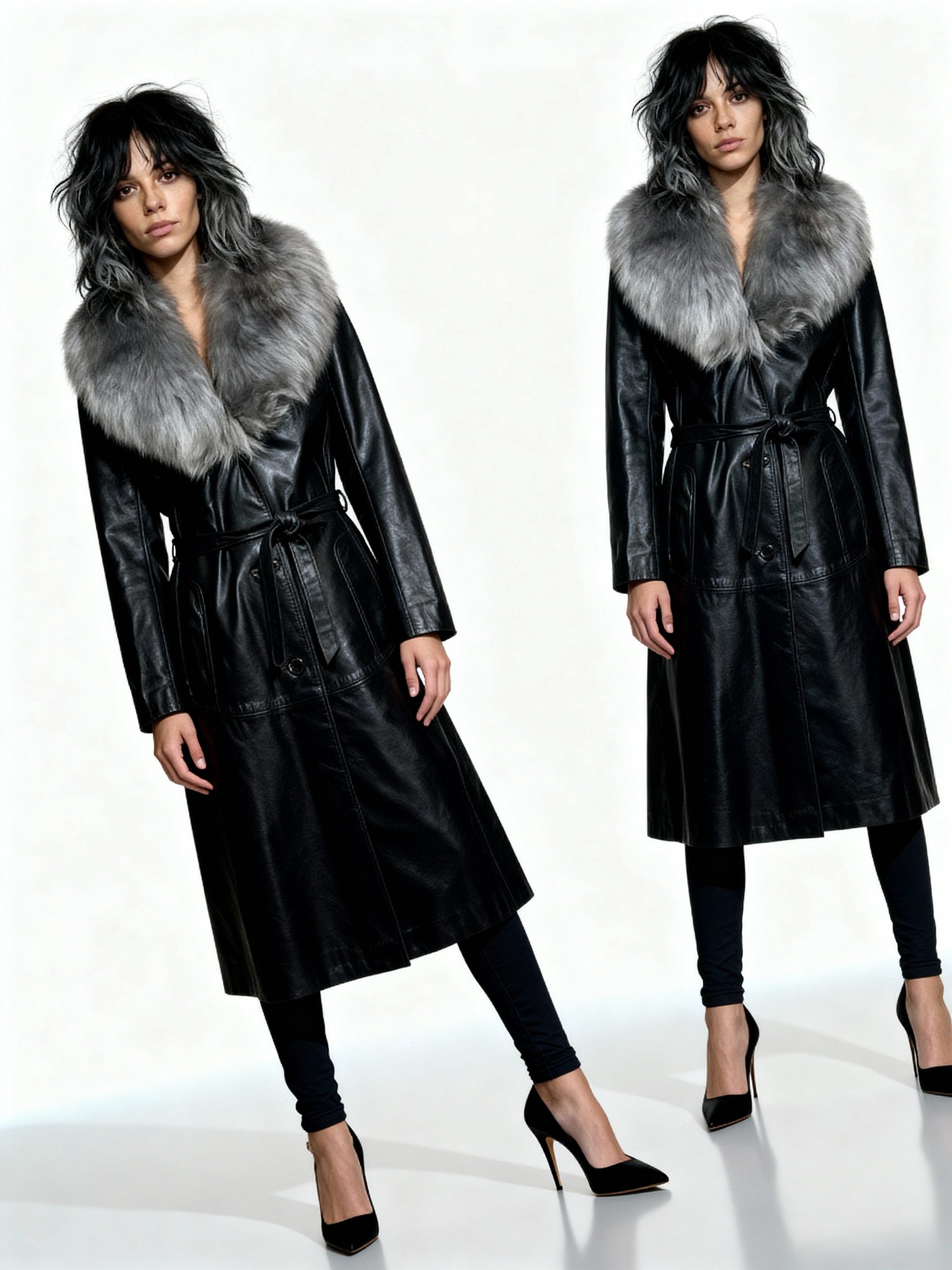 Original 1970's Vintage Black Leather & Sheepskin Coat UK 12 - 16