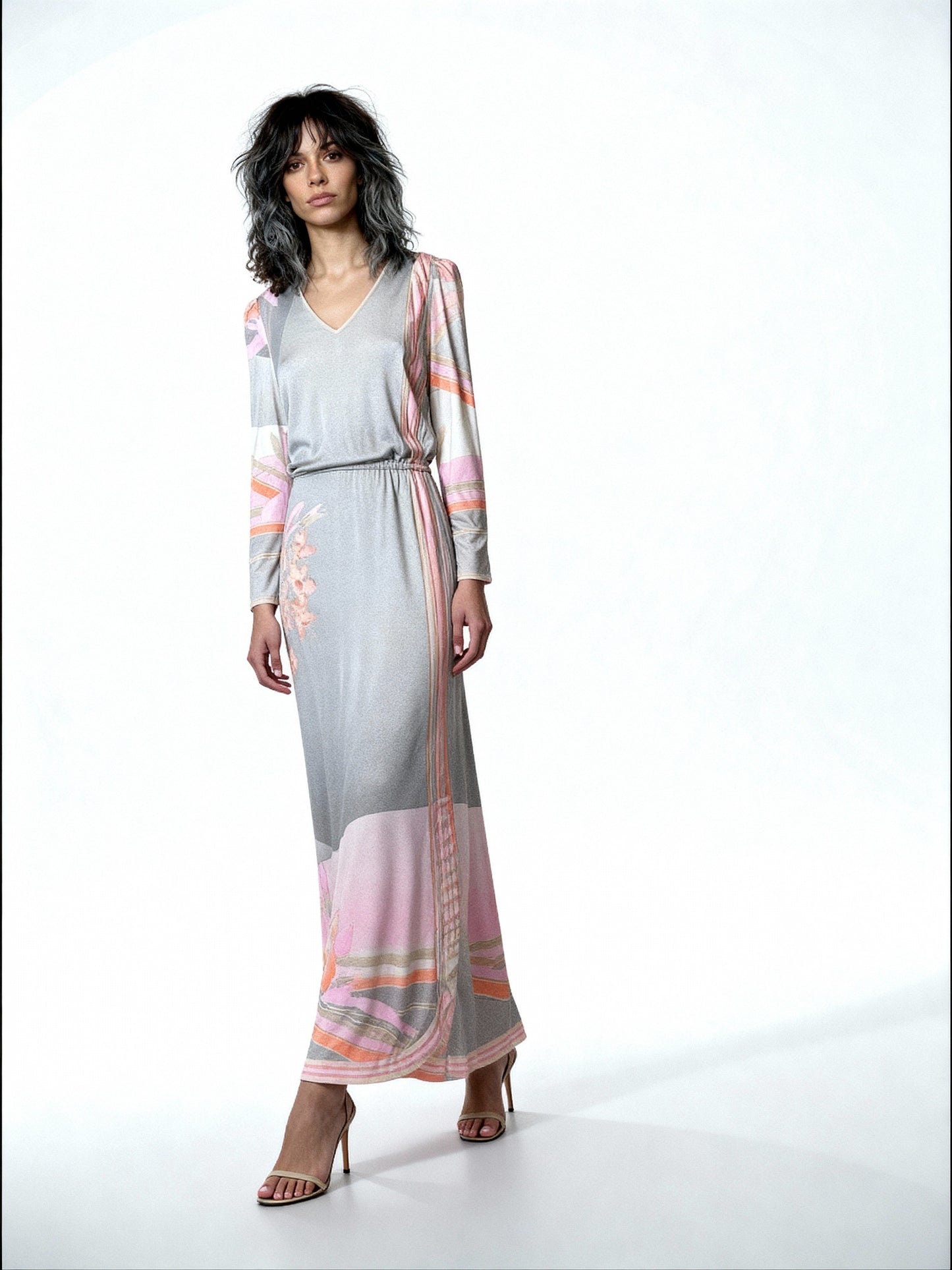 1970's Original Vintage Grey Leonard Floral Maxi Dress UK 10 -12