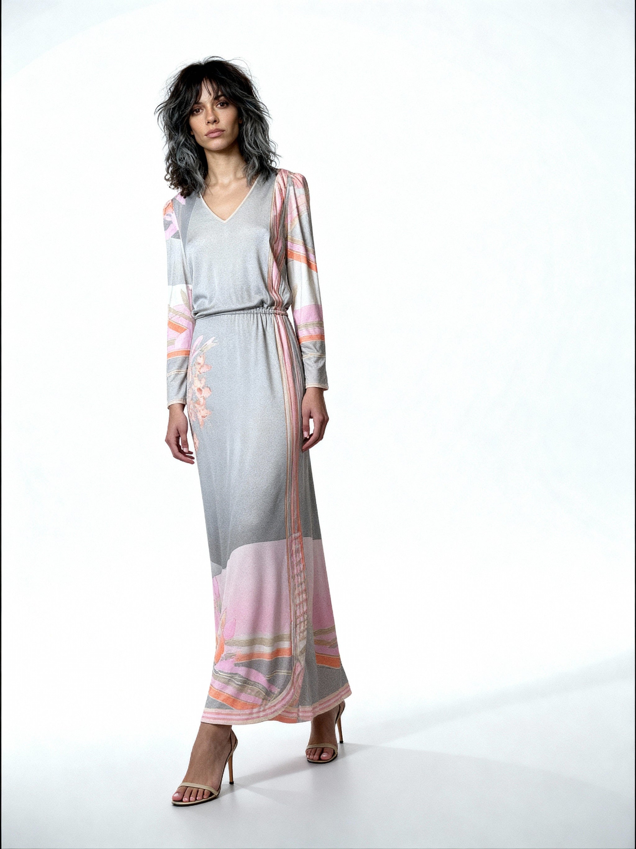 1970's Original Vintage Grey Leonard Floral Maxi Dress UK 10 -12