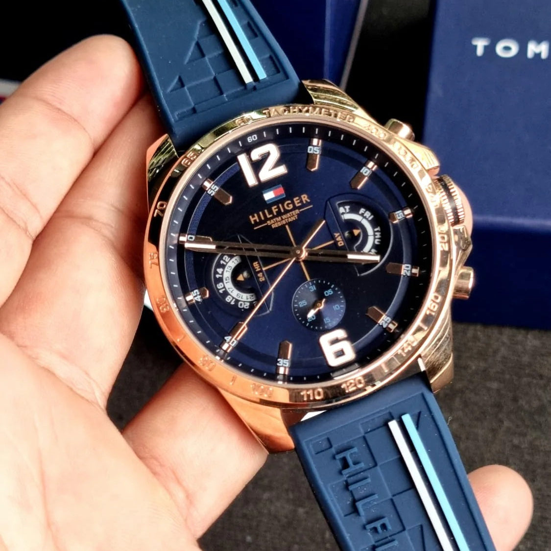 Tommy Hilfiger Men’s Watch Silicone Blue Strap With Blue Dial And Rose Gold Case 1791474