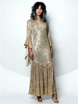 1990'S Original Vintage Gold Sequin Bell Sleeve Dress Uk 8 - 12
