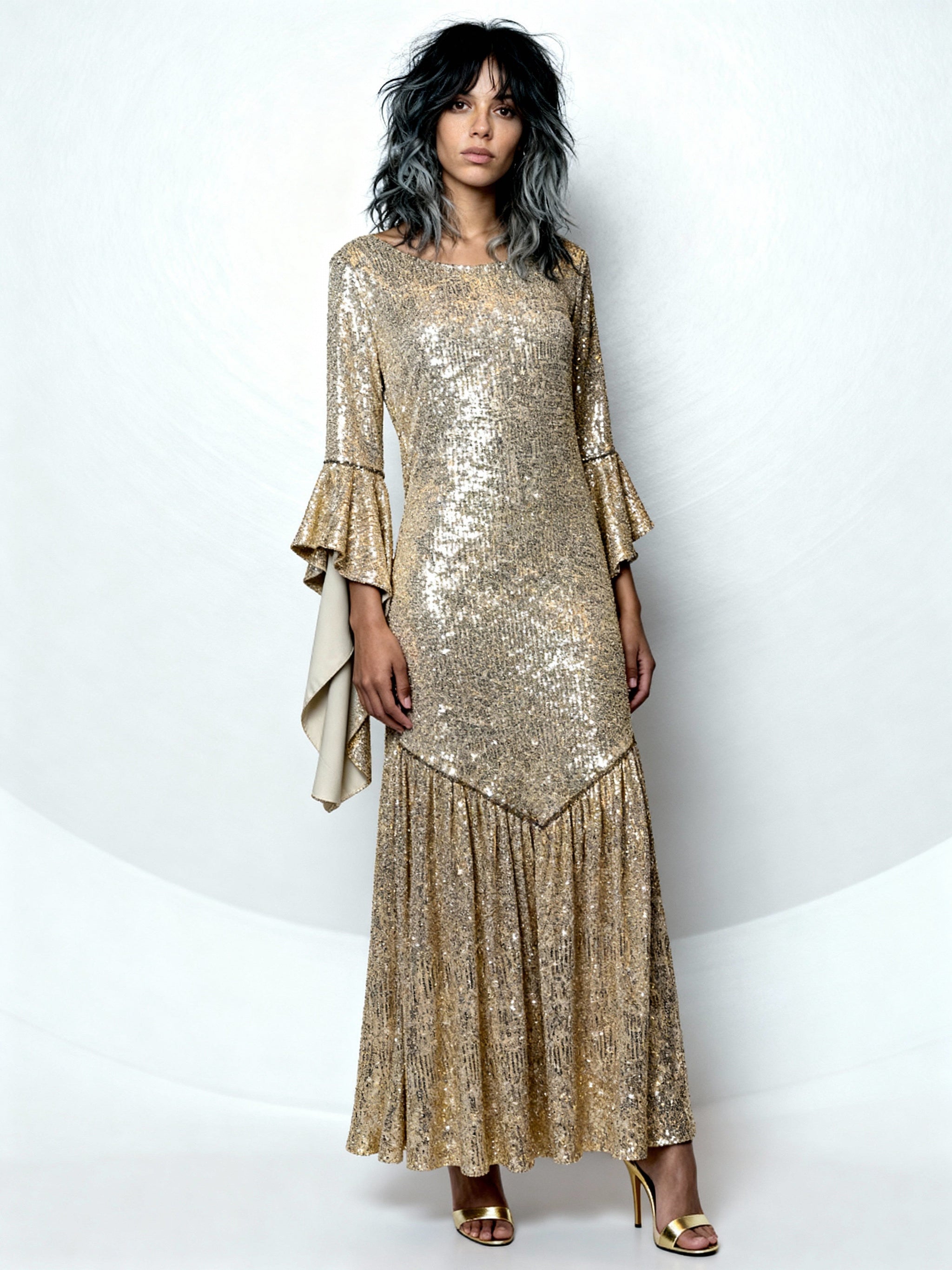 1990'S Original Vintage Gold Sequin Bell Sleeve Dress Uk 8 - 12