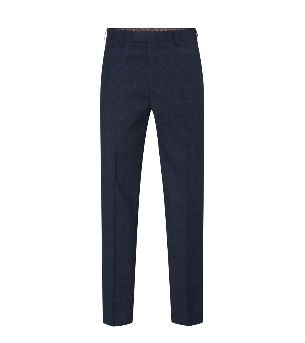 Skopes Hewes Suit Tailored Fit Trousers For Men in Navy Blue Self Check, 30W to 58W