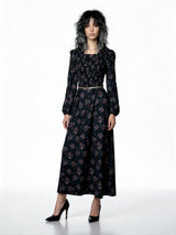 Original 1970's Vintage Black Maxi Dress With Floral Print UK 10 - 12