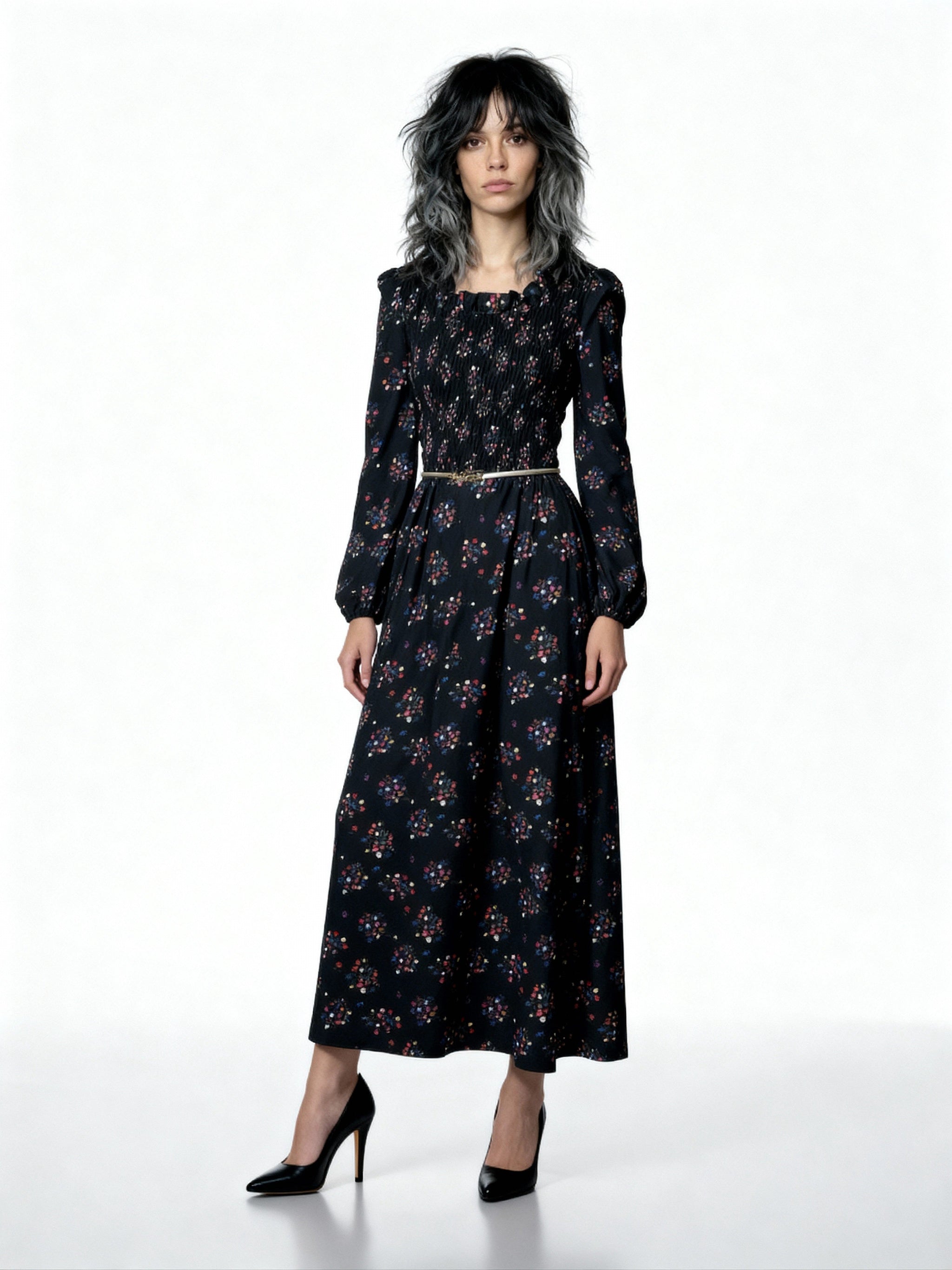 Original 1970's Vintage Black Maxi Dress With Floral Print UK 10 - 12