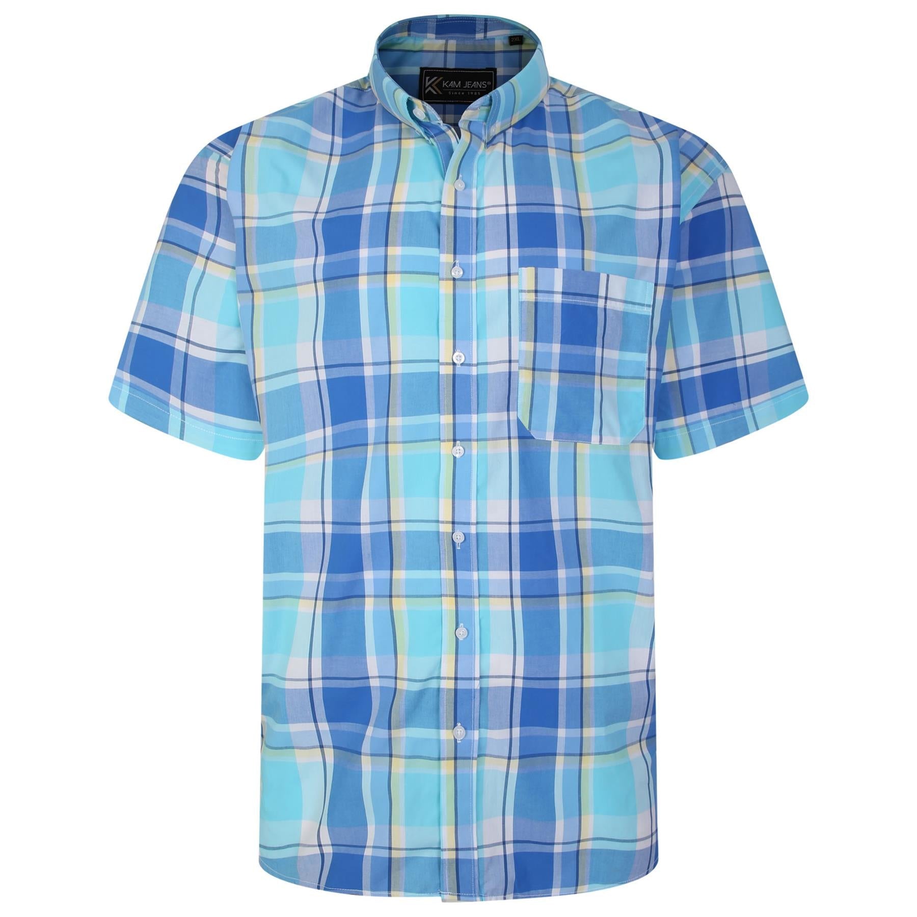 Kam Casual Short Sleeve Checkered Button Down Collar Shirt in Blue 2XL to 8XL