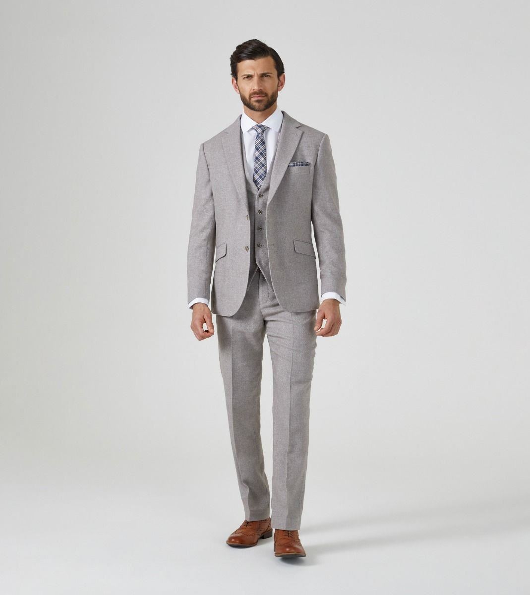 Skopes Men's Tailored Fit Suit Trouser Jude  Herringbone in Stone Waist 32 to 56