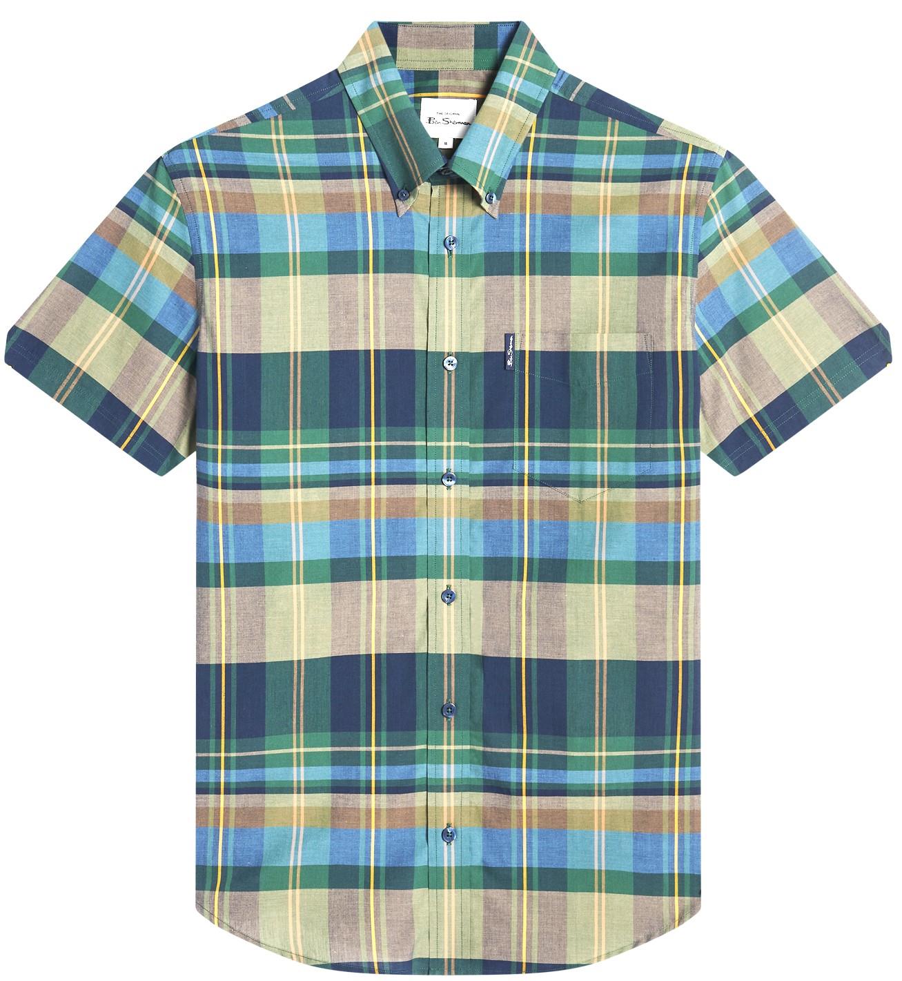 Ben Sherman Men's Short Sleeve Tartan Check in Green Cotton Shirt Size 2Xl-5Xl
