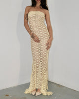 Butter Yellow Lace Bardot Top Stretch Midi / Maxi Dress