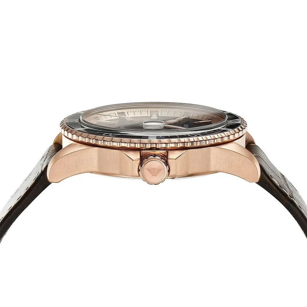 Emporio Armani Men's Watch AR11556 Brown Leather Strap & Blue Dial With Rose Gold Case Diver
