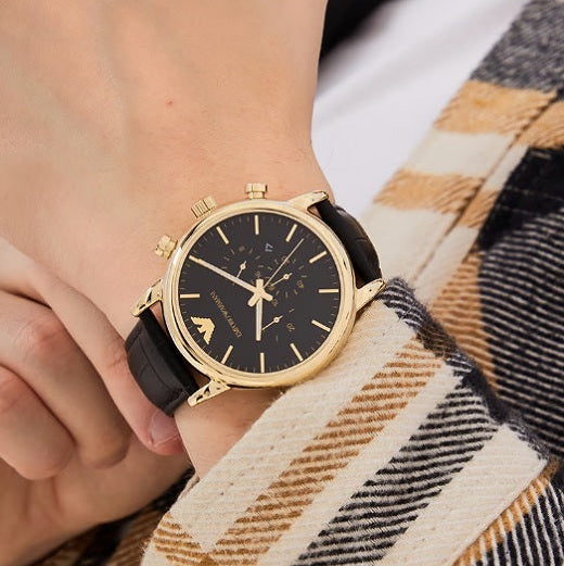 Emporio Armani Men's Watch Black Leather Strap & Black Dial With Yellow Gold Case AR1917 Luigi