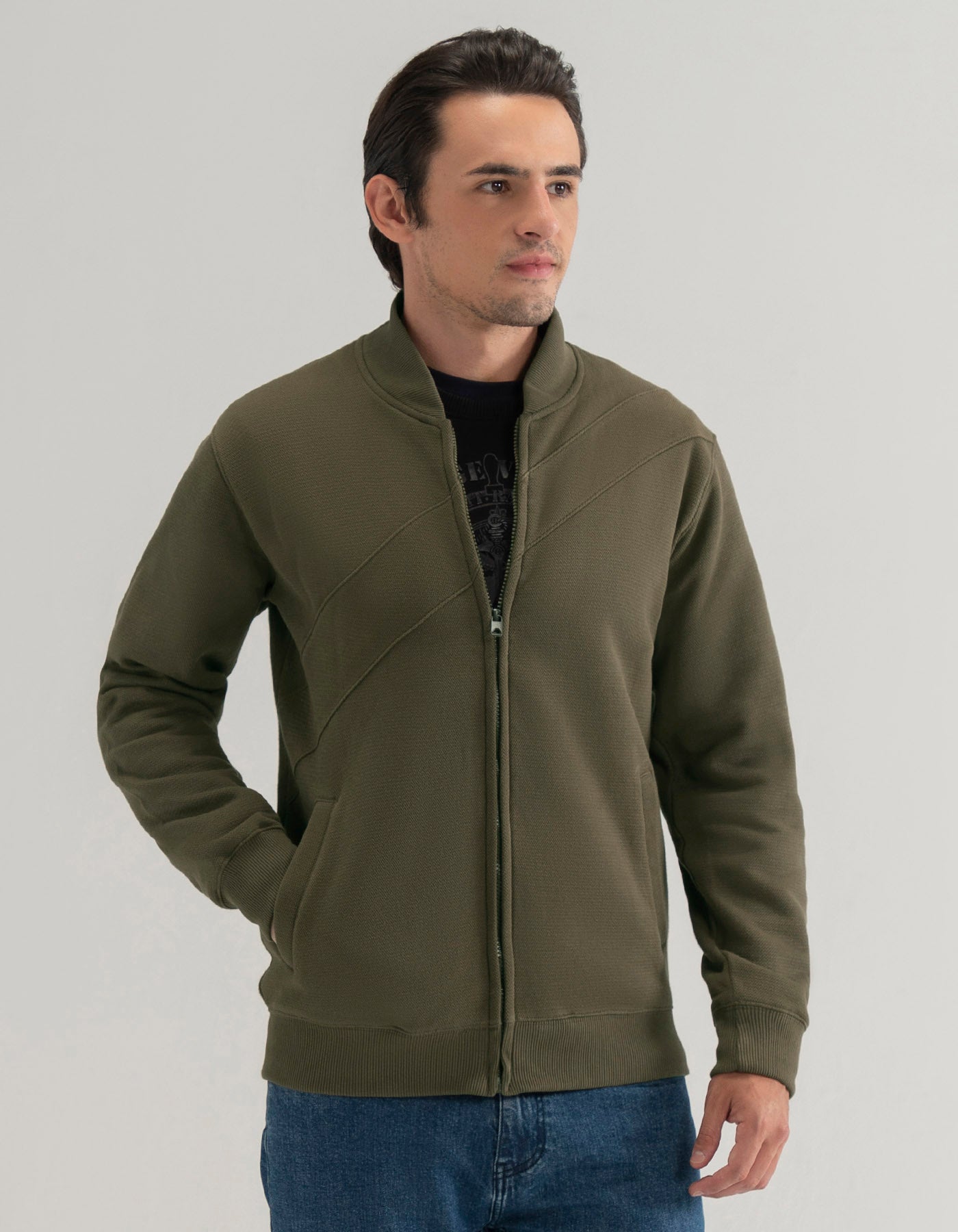Olive Textured Mock Neck Zipper