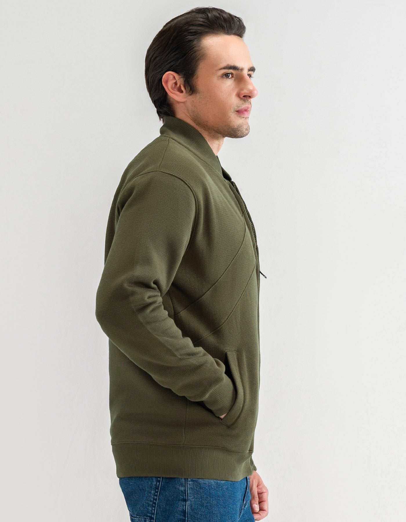 Olive Textured Mock Neck Zipper