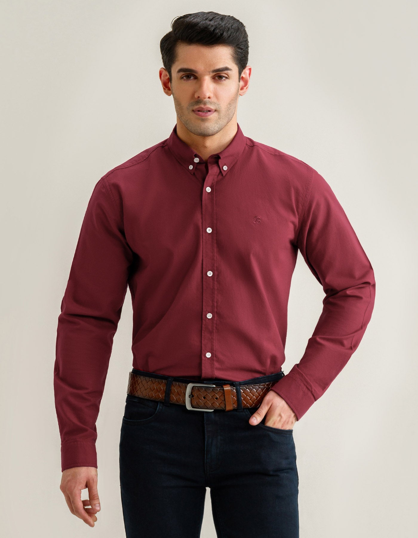 Maroon Long Sleeve Button Down Collar Shirt