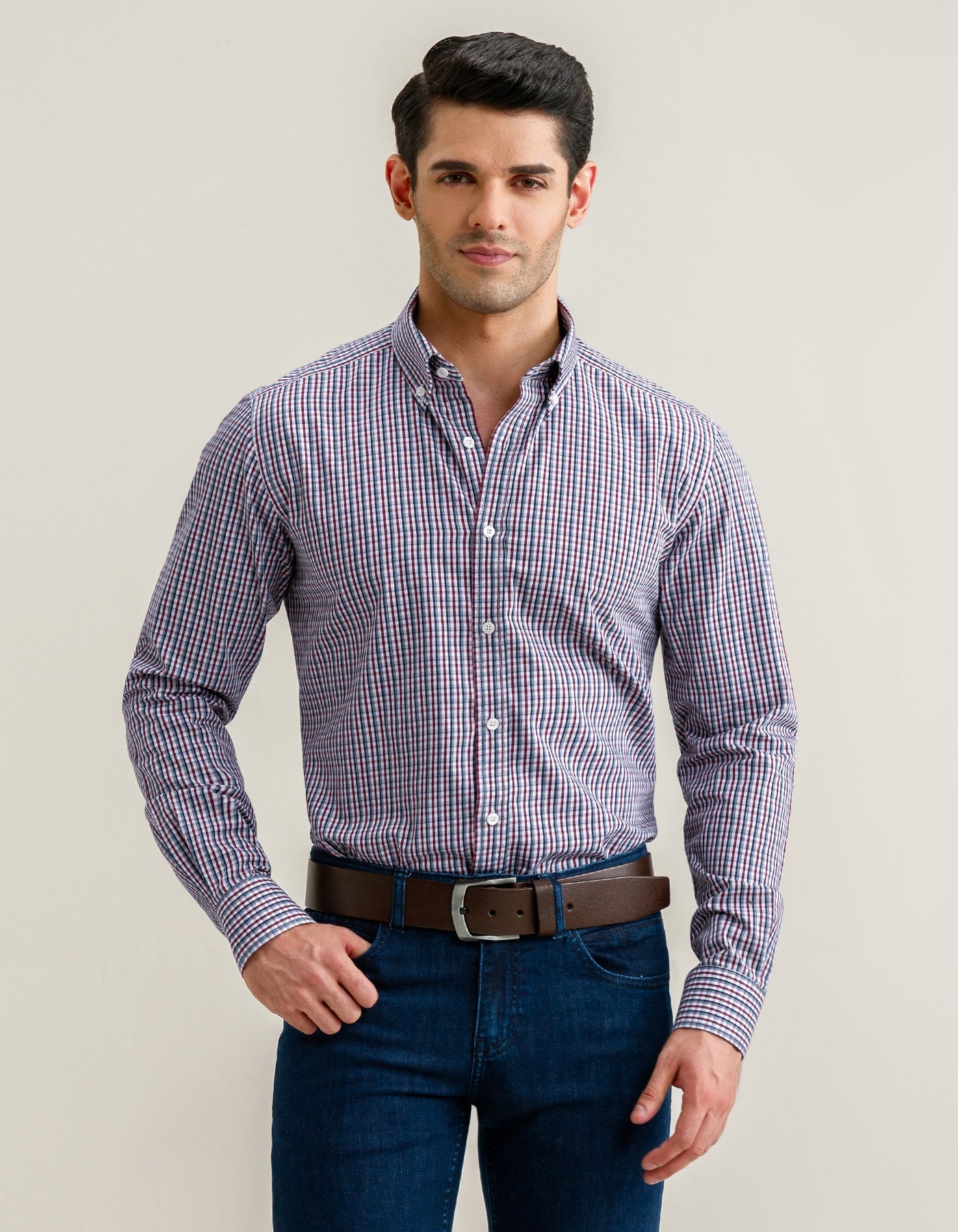 Casual Checkered Shirt - Dark Maroon