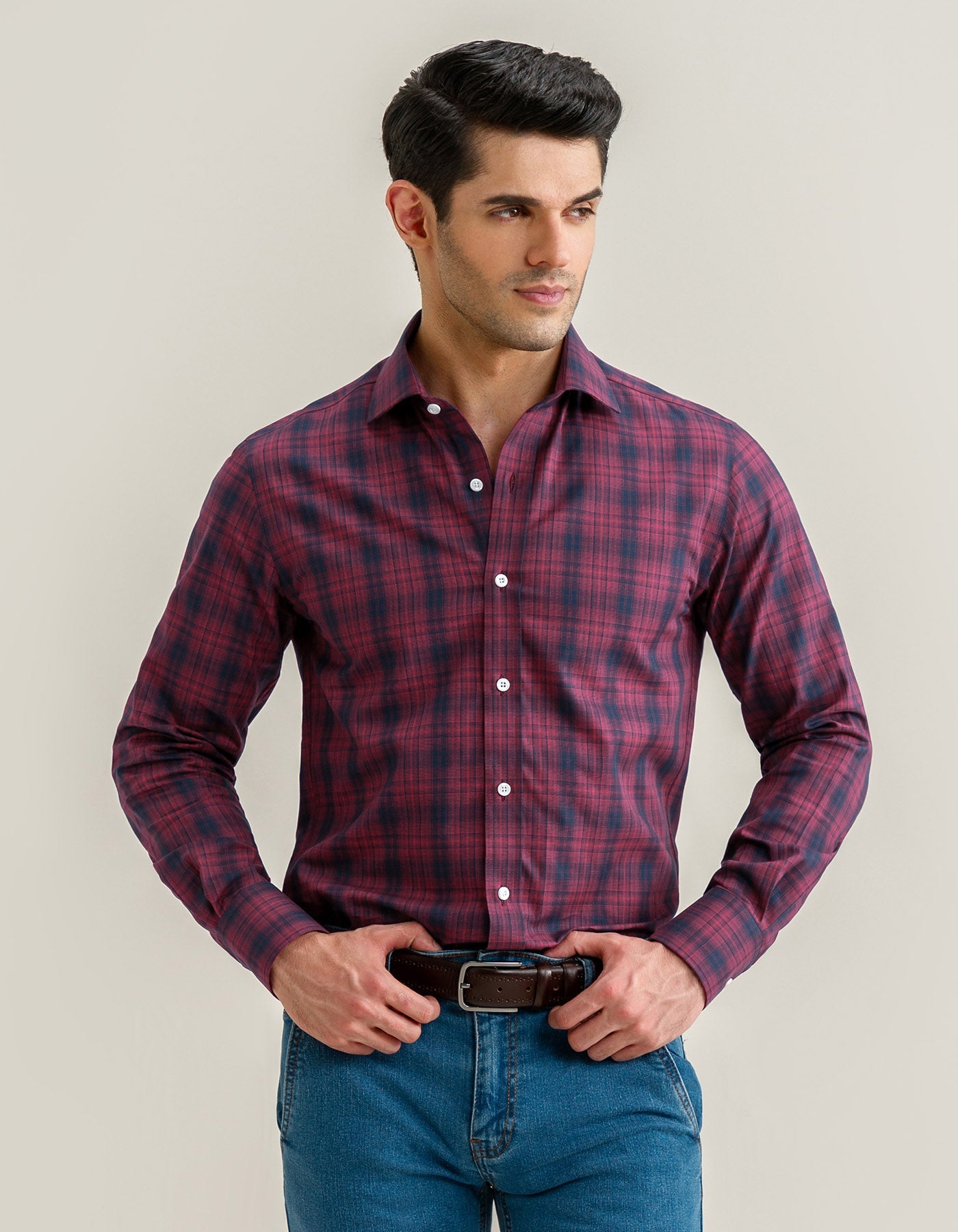 Maroon and Black Cotton Check Shirt