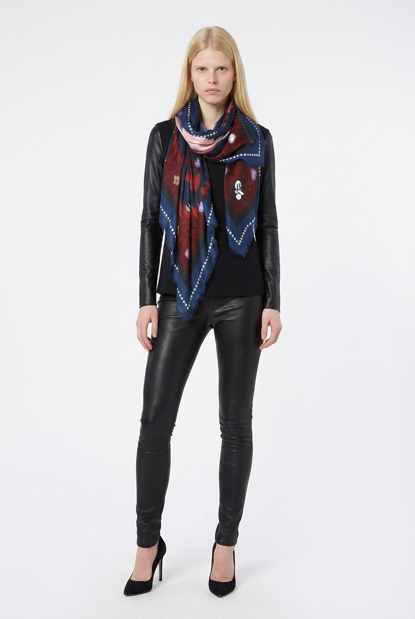 VASSILISA Scarf in Burgundy Colour: Panda and Emoji Print