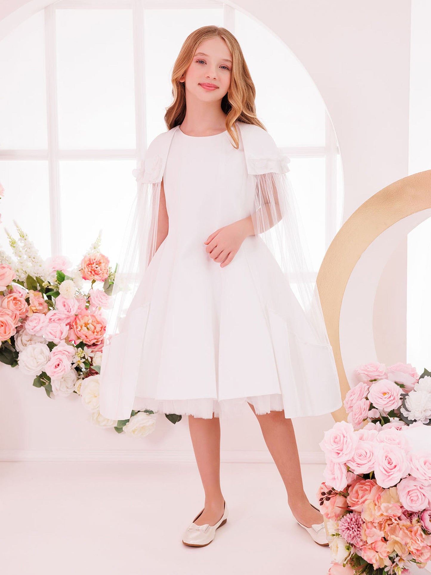 DRESS & Fleur Girls Dress with Removable Cape in White