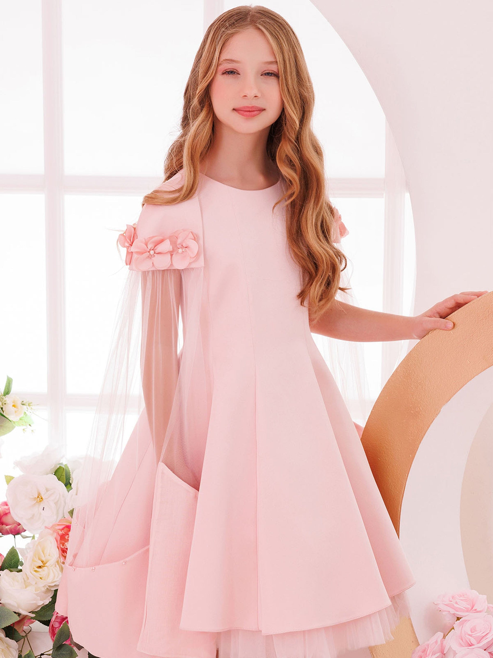 DRESS & Fleur Girls Dress with Removable Cape in Pink
