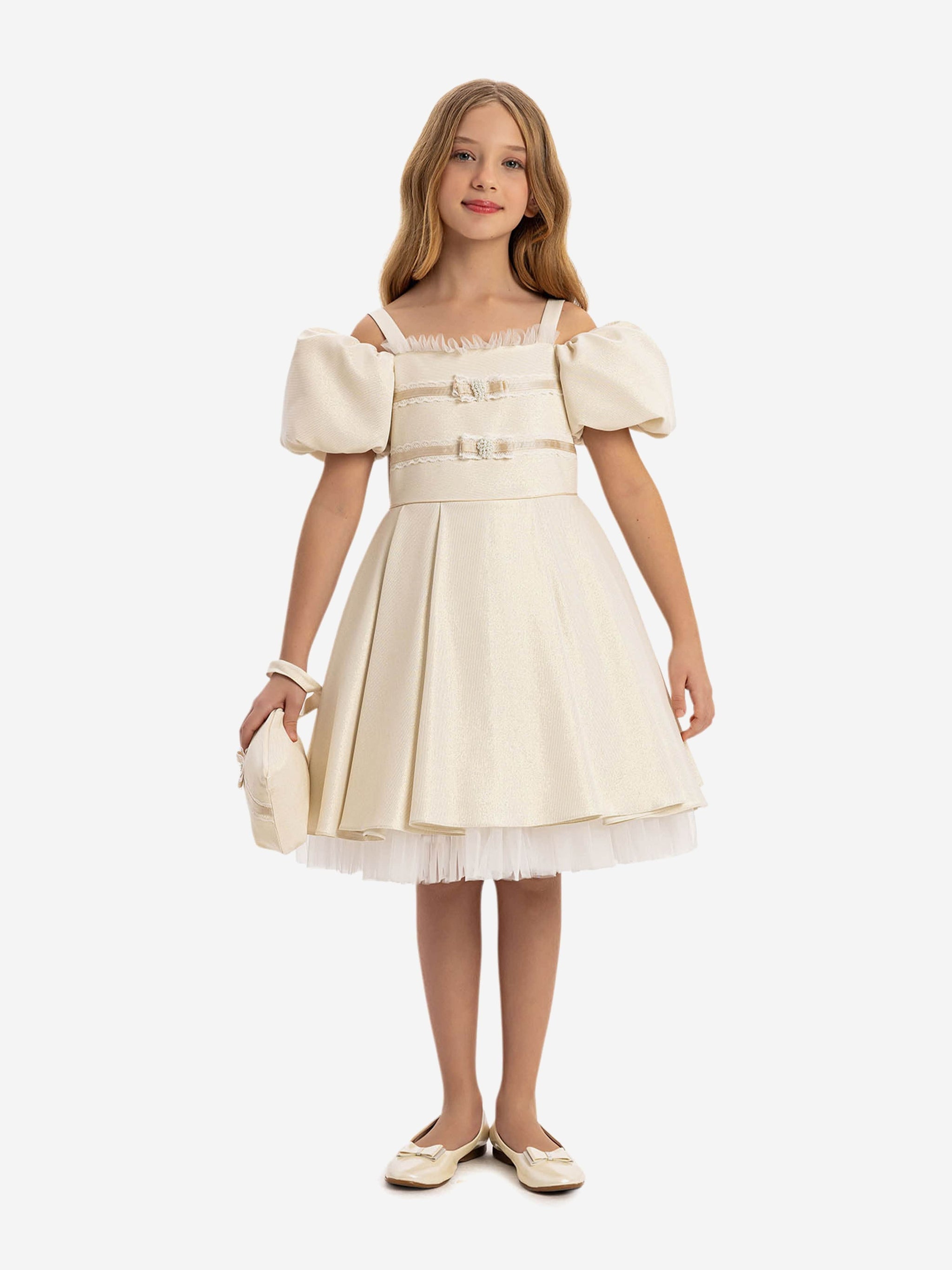 DRESS & Fleur Girls Puff Sleeve Dress with Bag in Beige