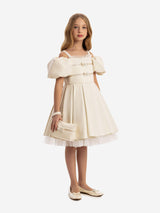 DRESS & Fleur Girls Puff Sleeve Dress with Bag in Beige