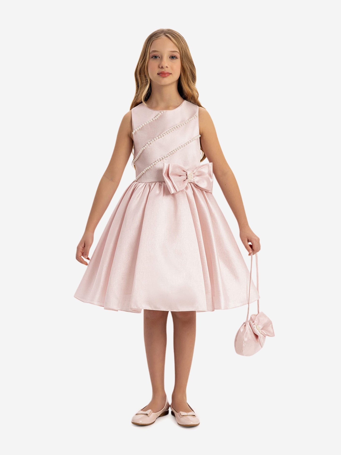 DRESS & Fleur Girls Satin Dress with Matching Bag in Pink