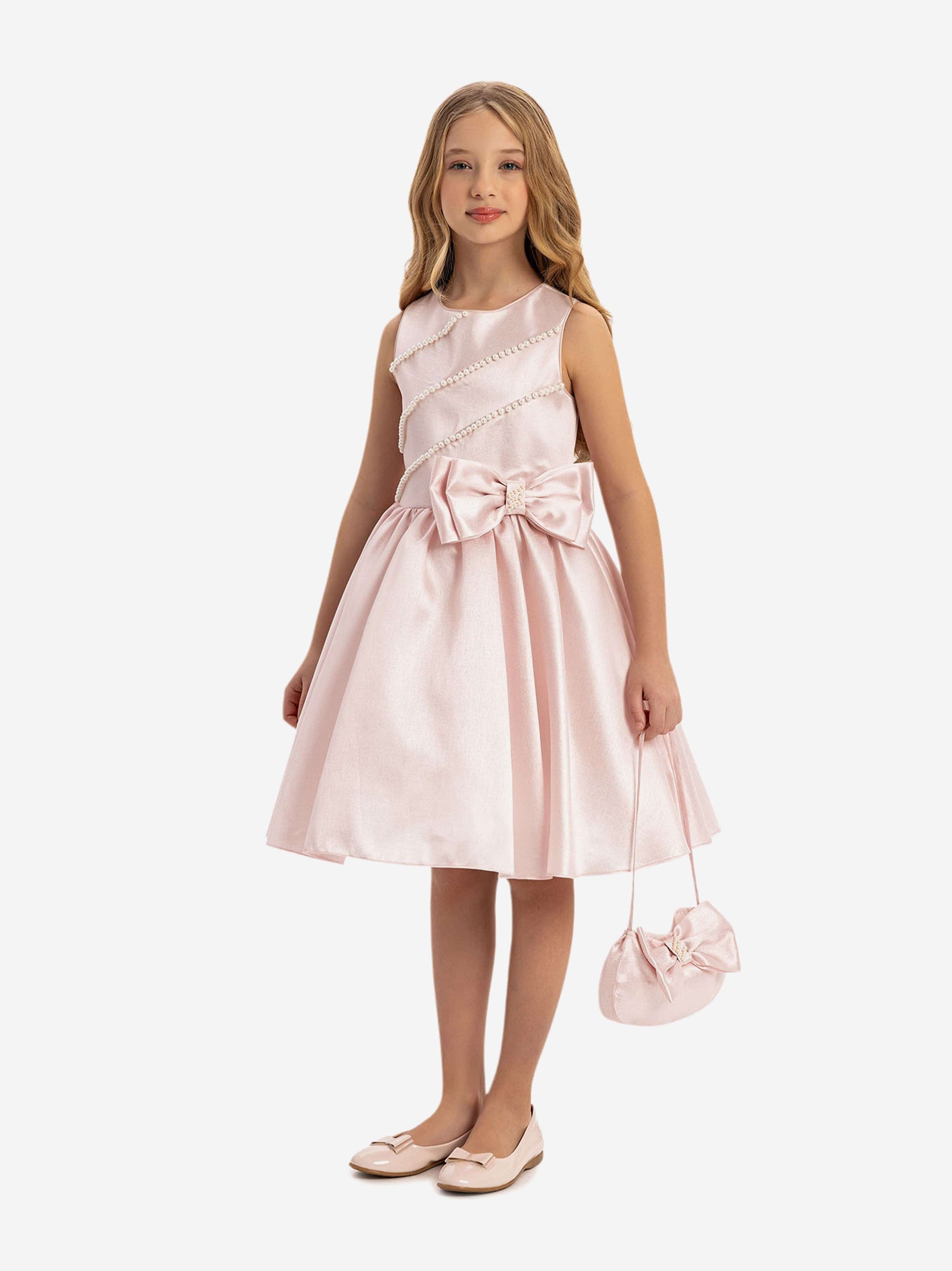 DRESS & Fleur Girls Satin Dress with Matching Bag in Pink