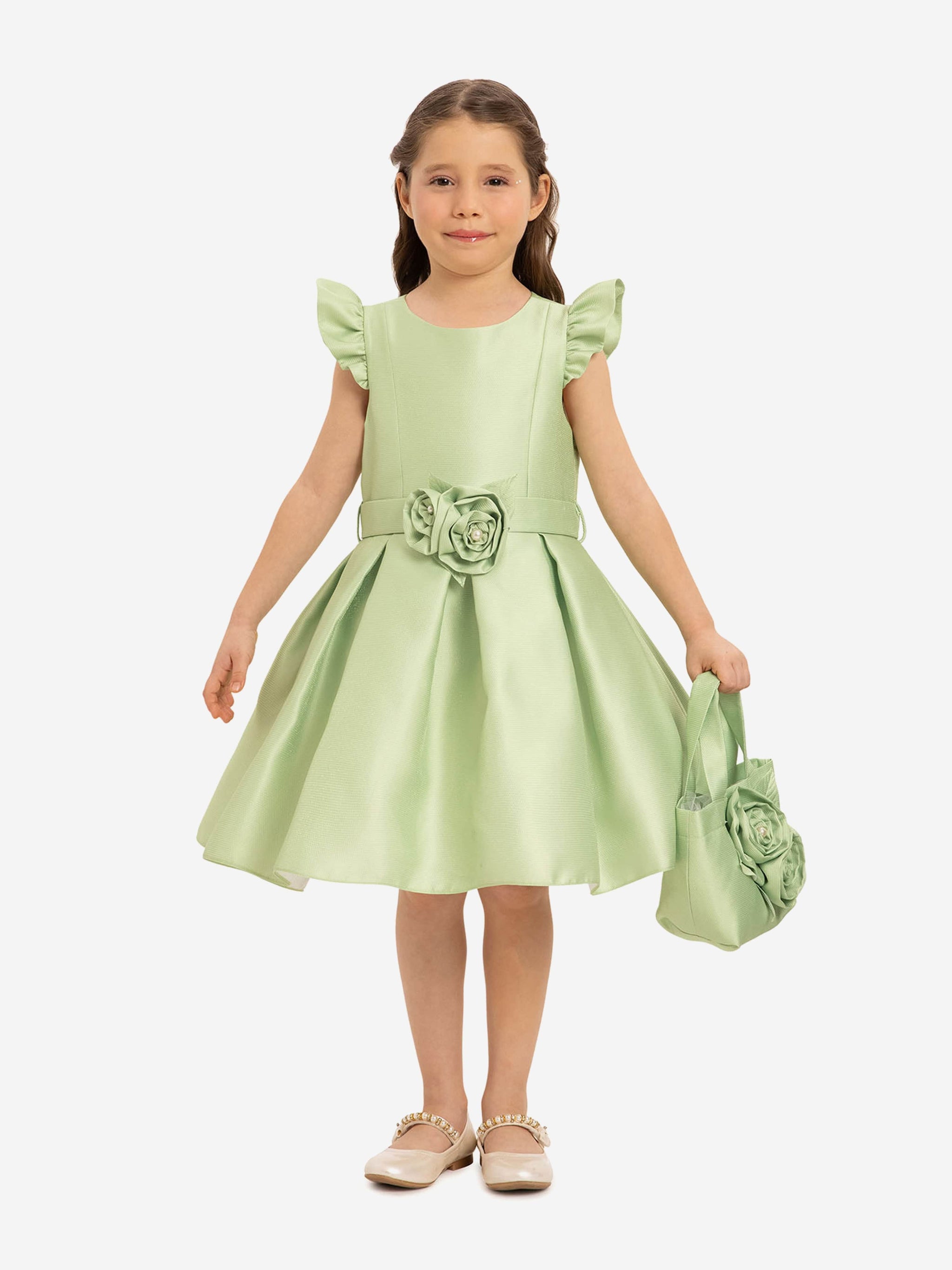 DRESS & Fleur Girls Dress with Matching Floral Bag in Green