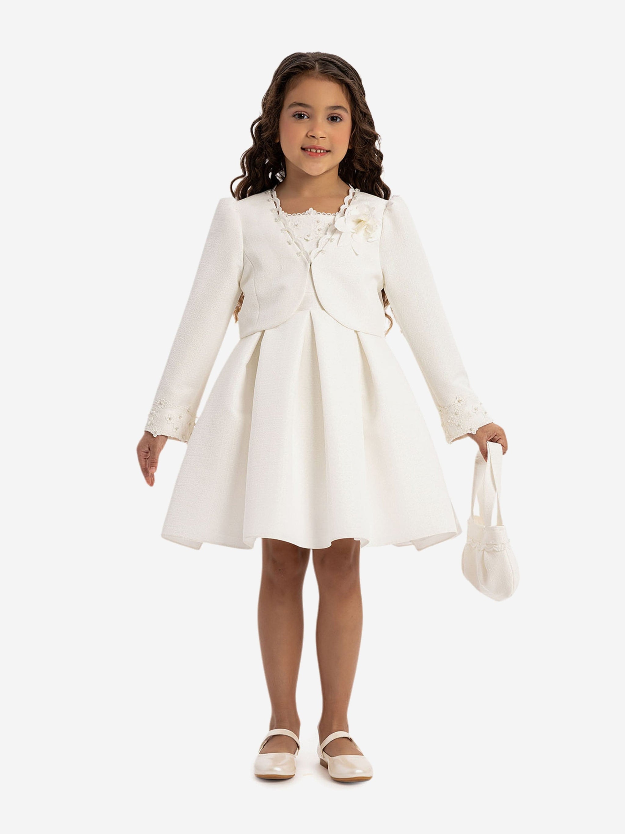 DRESS & Fleur Girls Dress with Bolero and Matching Bag in White
