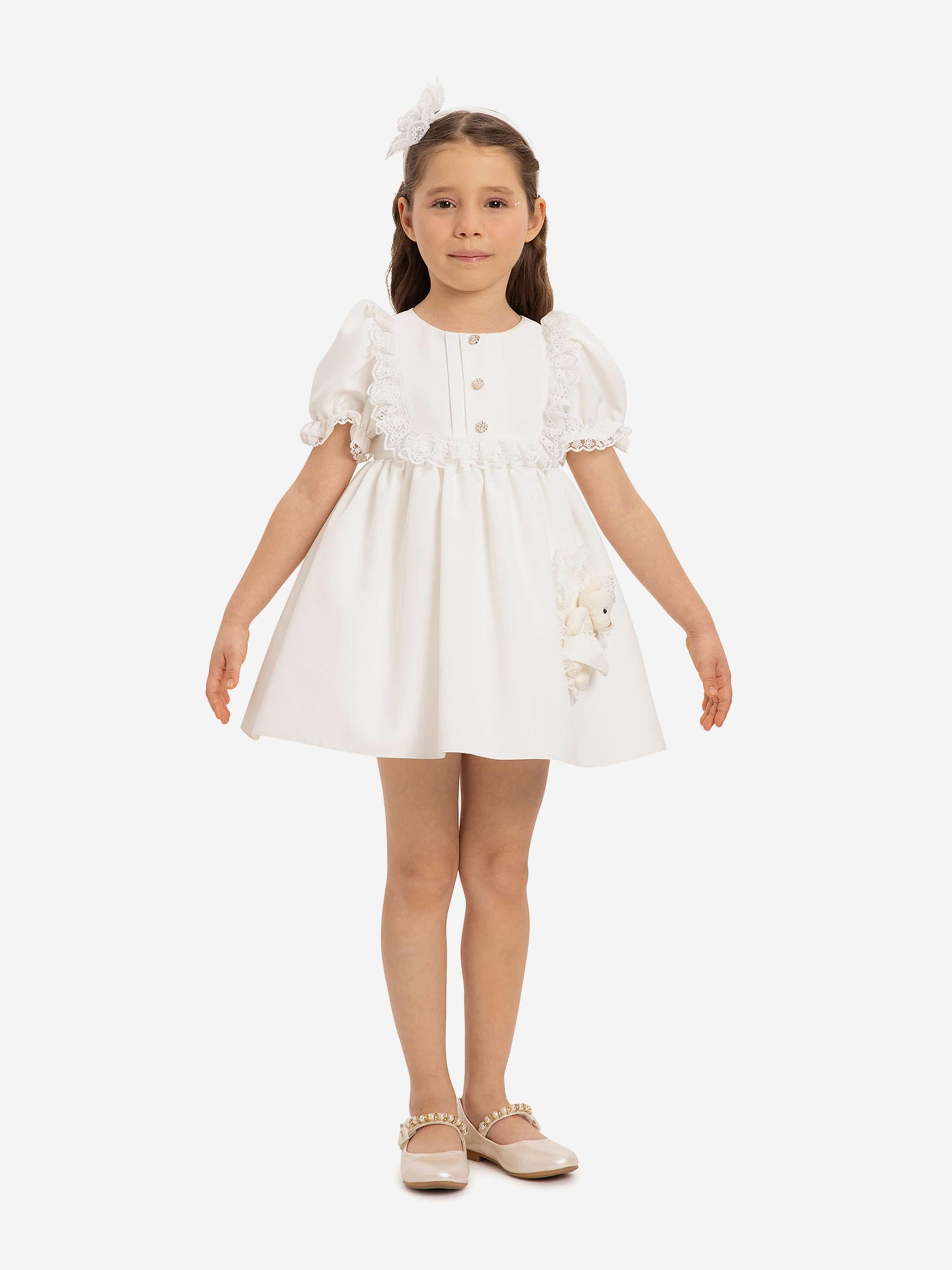 DRESS & Fleur Baby Girls Dress Set with Teddy Bear in White