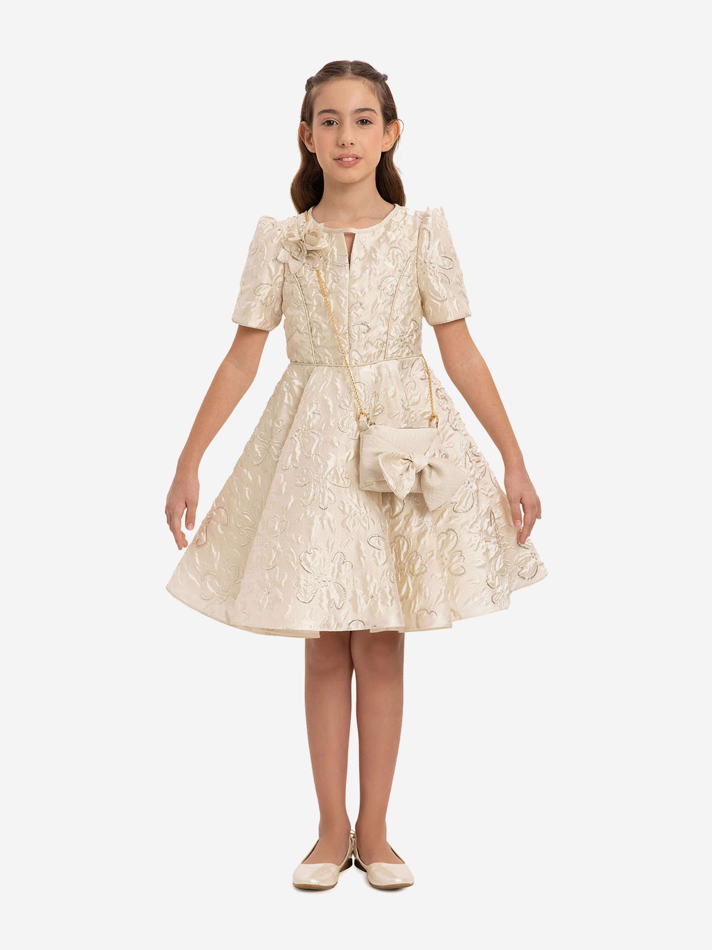 DRESS & Fleur Girls Elegant Dress with Matching Bag in Beige