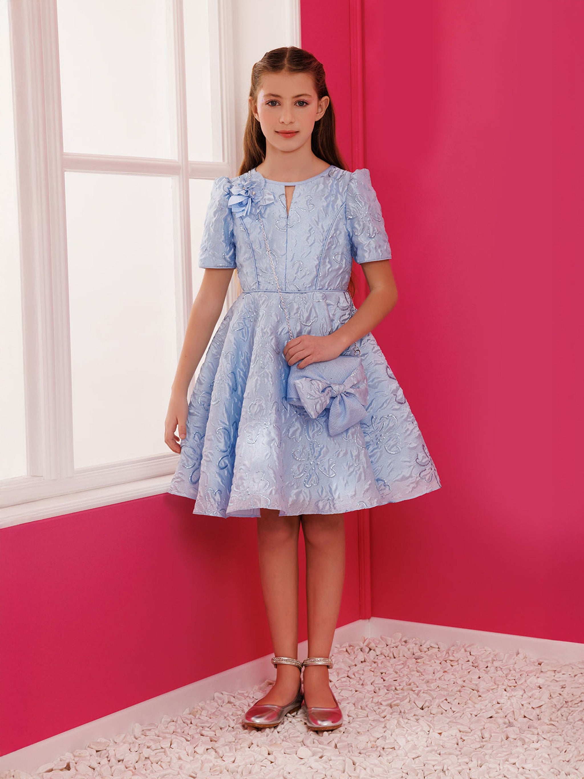 DRESS & Fleur Girls Elegant Dress with Matching Bag in Blue