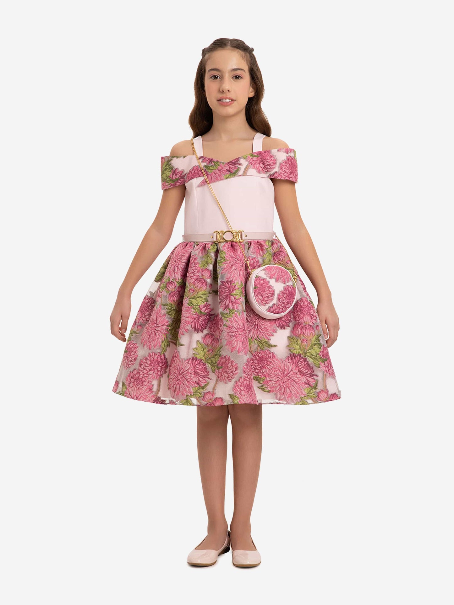 DRESS & Fleur Girls Jacquard Dress with Bag in Pink