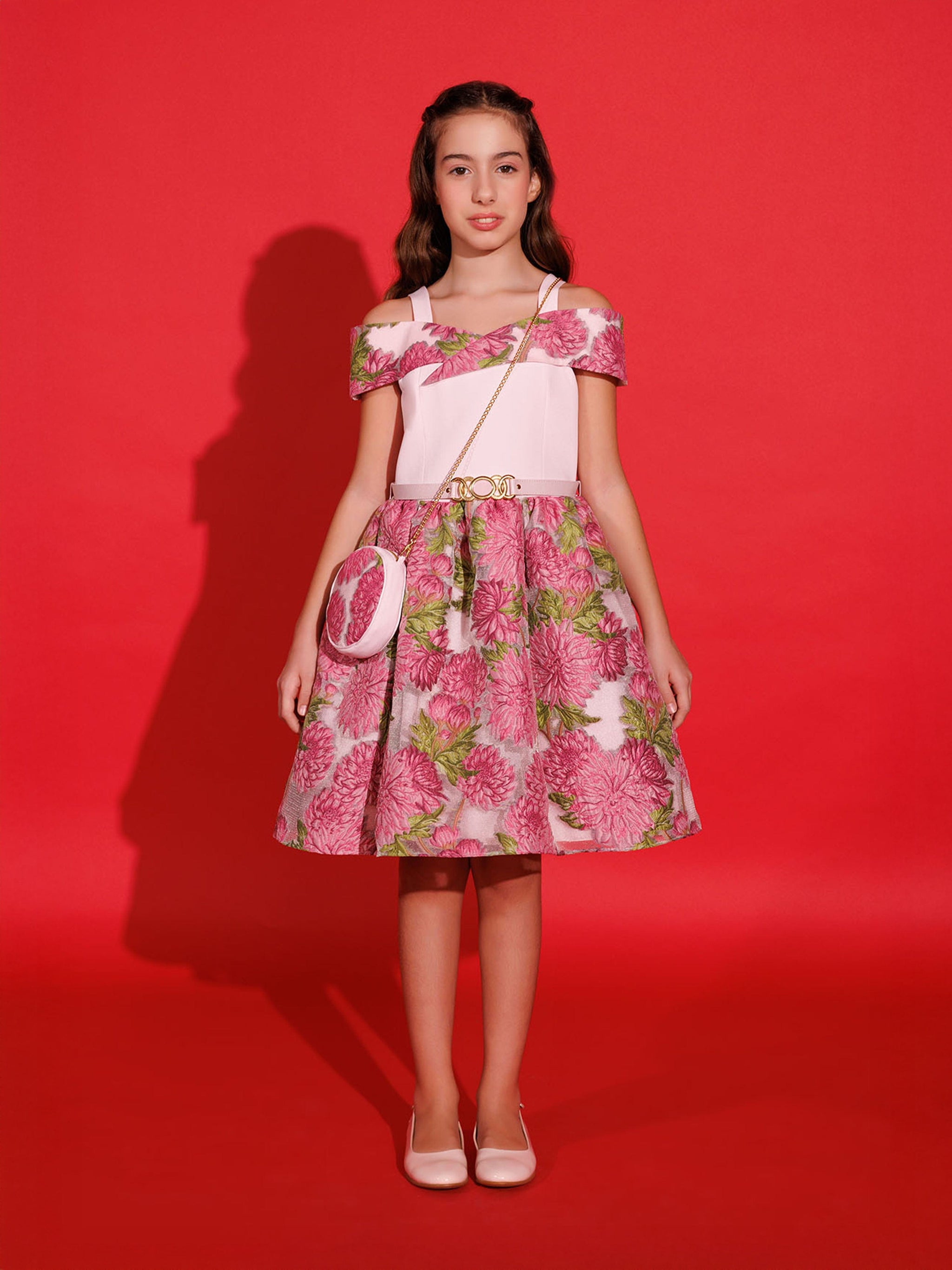 DRESS & Fleur Girls Jacquard Dress with Bag in Pink