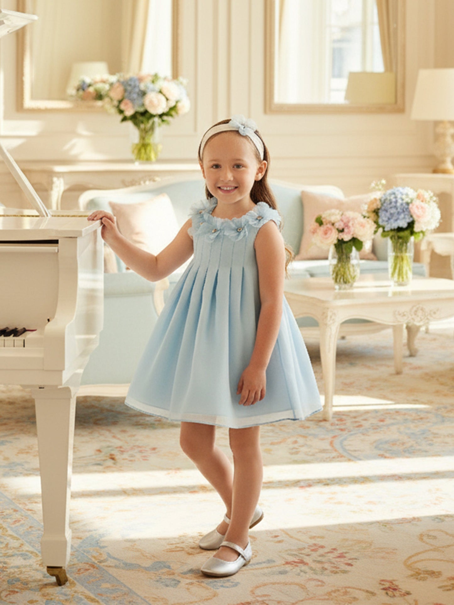 DRESS & Fleur Baby Girls Occasion Dress with Headband in Blue