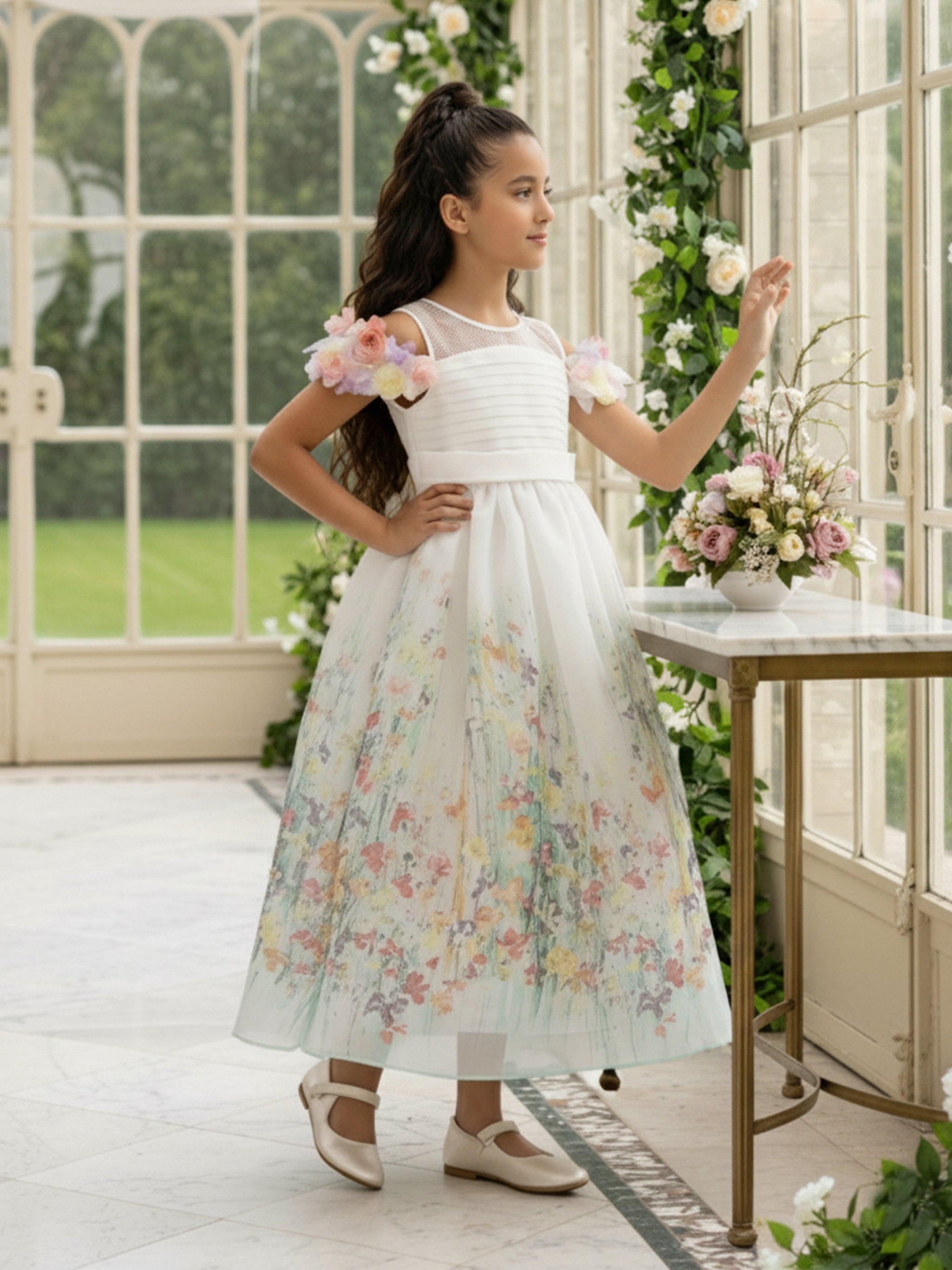 DRESS & Fleur Girls Floral Occasion Dress in Ivory