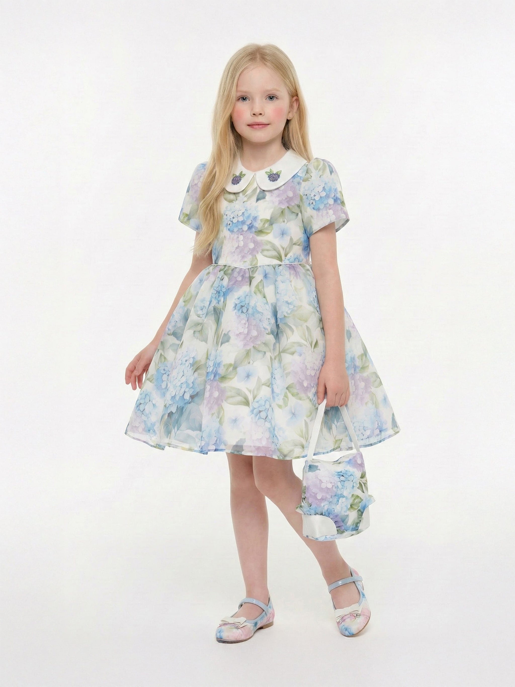 DRESS & Fleur Girls Floral Occasion Dress with Bag in Blue