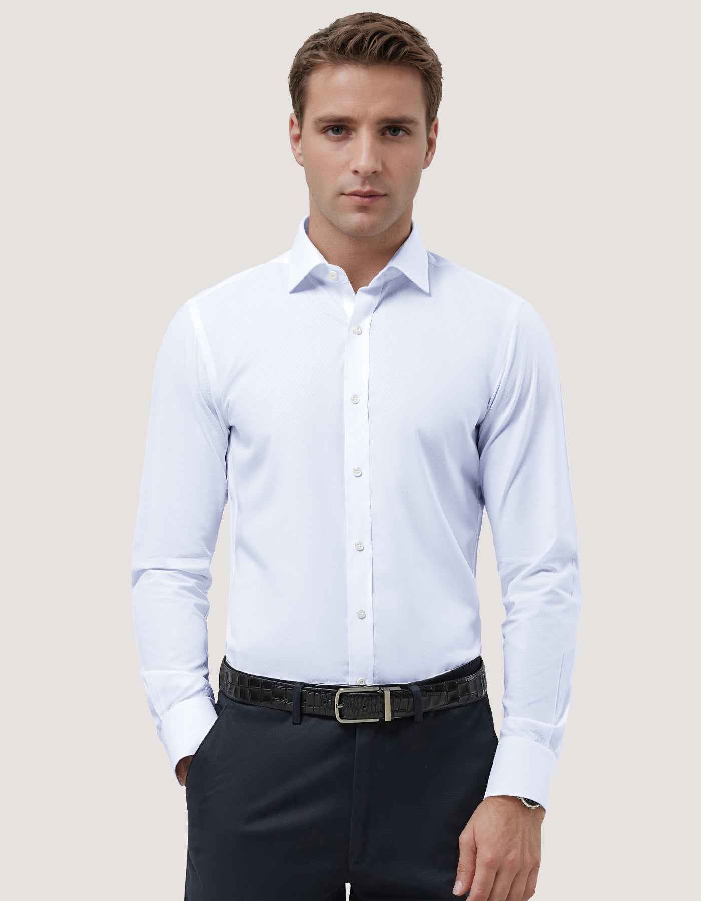 Self Textured White Smart Fit Dress Shirt