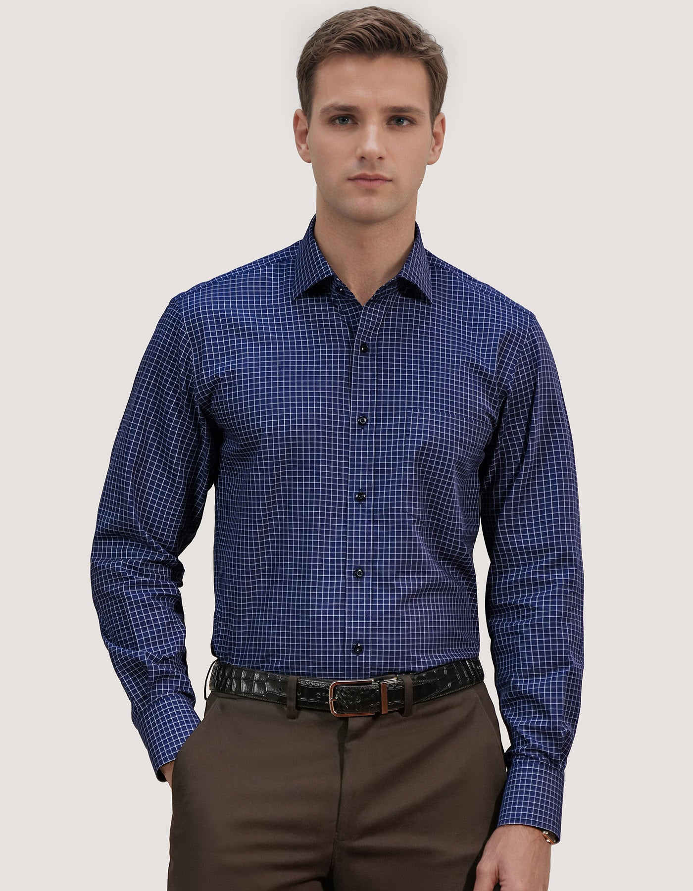 Smart Fit Navy Cotton Check Shirt