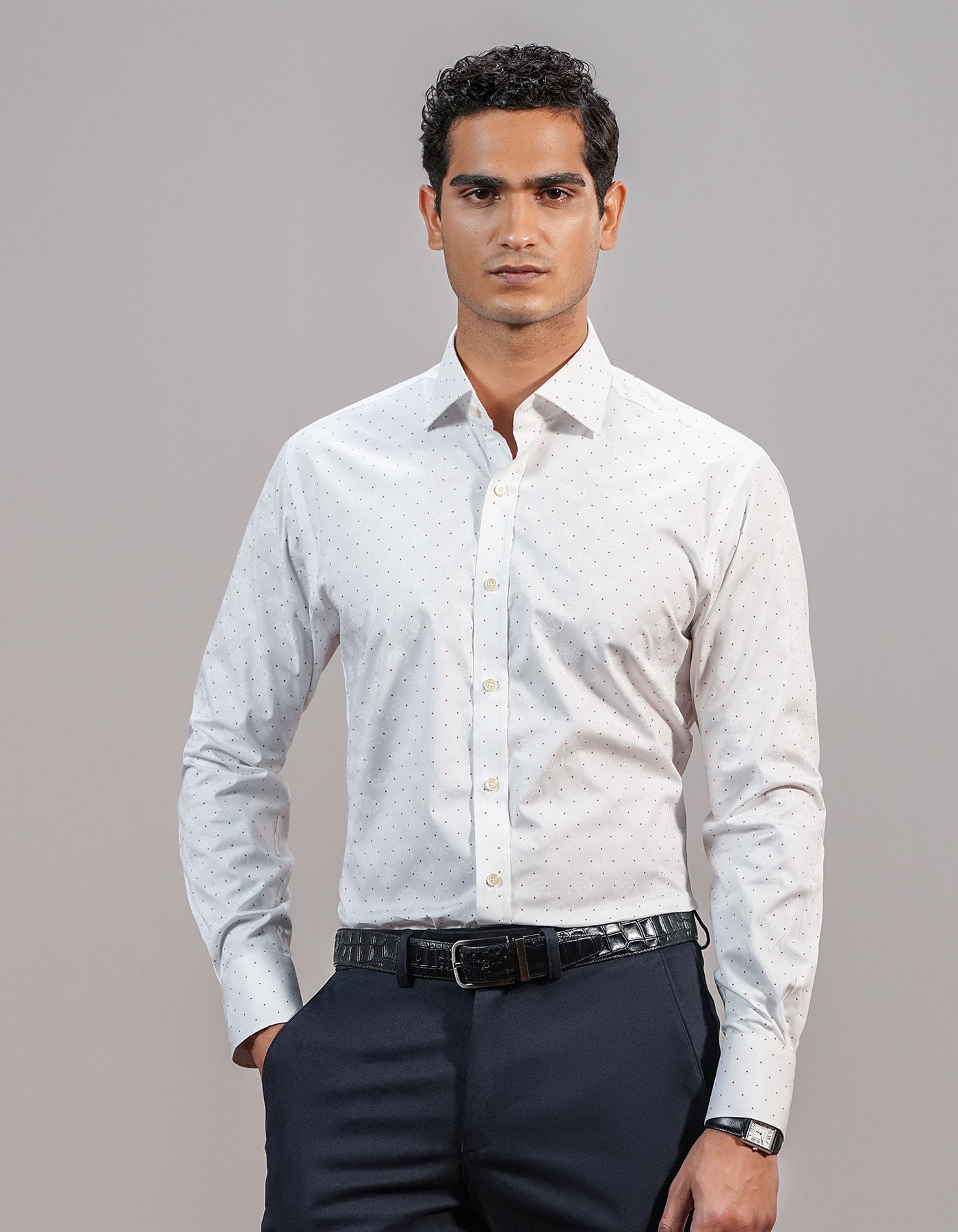 White and Maroon Fine Dot Print Shirt