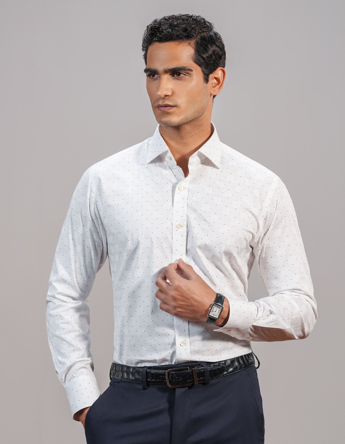 White and Maroon Fine Dot Print Shirt