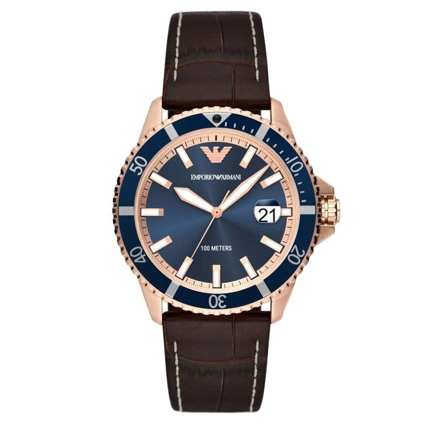 Emporio Armani Men's Watch AR11556 Brown Leather Strap & Blue Dial With Rose Gold Case Diver
