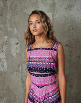 1970's Original Vintage Pink & Multi Coloured Floral Print Dress UK 8 - 12