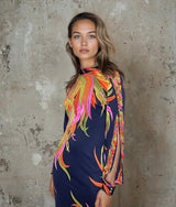 1970'S Original Vintage De Parisini by Gianni Versace Navy Floral & Palm Silk Print Maxi Dress Uk 8 - 10