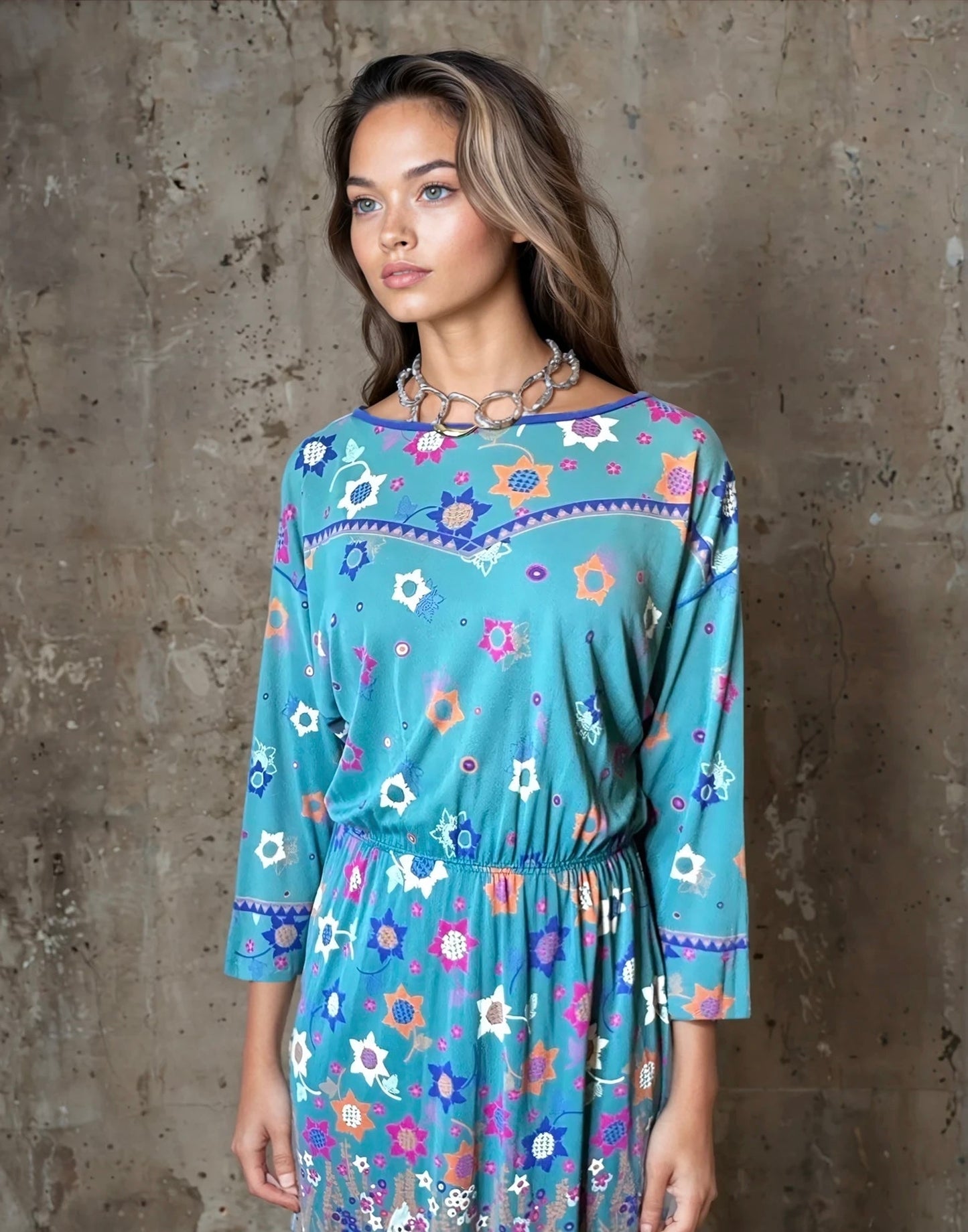 Original Vintage Virginie Paris Turquoise Floral Print Dress UK 8 - 12