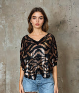 Original 1990's Vintage Tiger Print Black & Bronze Sequin Top UK 8 - 12