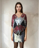 Original Vintage Late 1970's Red / Silver / Black Sequinned Butterfly Top UK 8 - 14